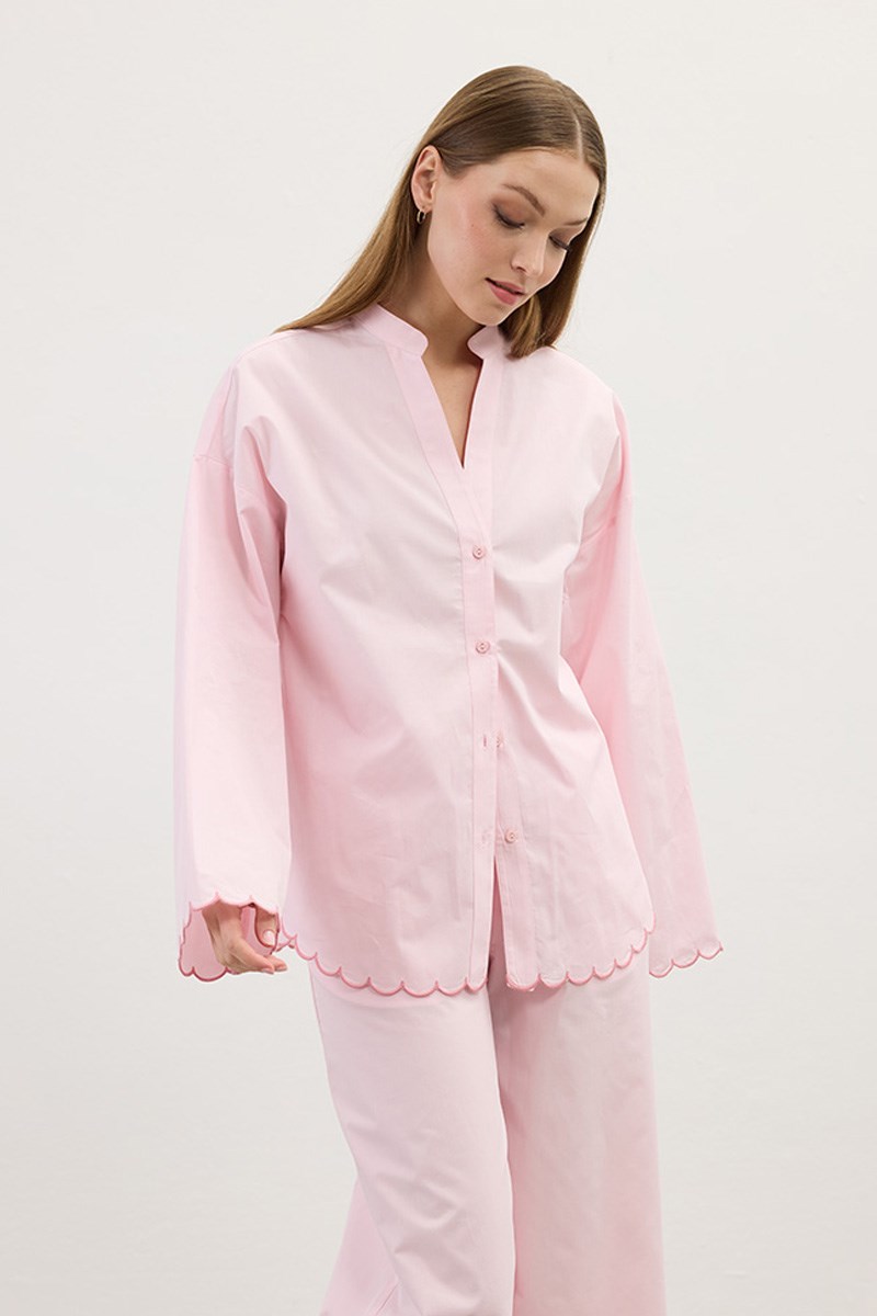 Nakışlı Pamuk Pijama Gömlek Pudra