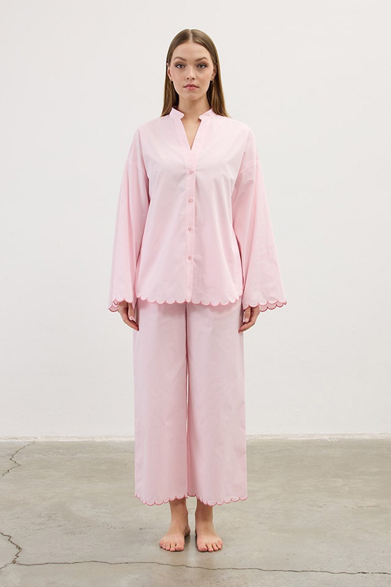 Nakışlı Pamuk Pijama Gömlek Pudra