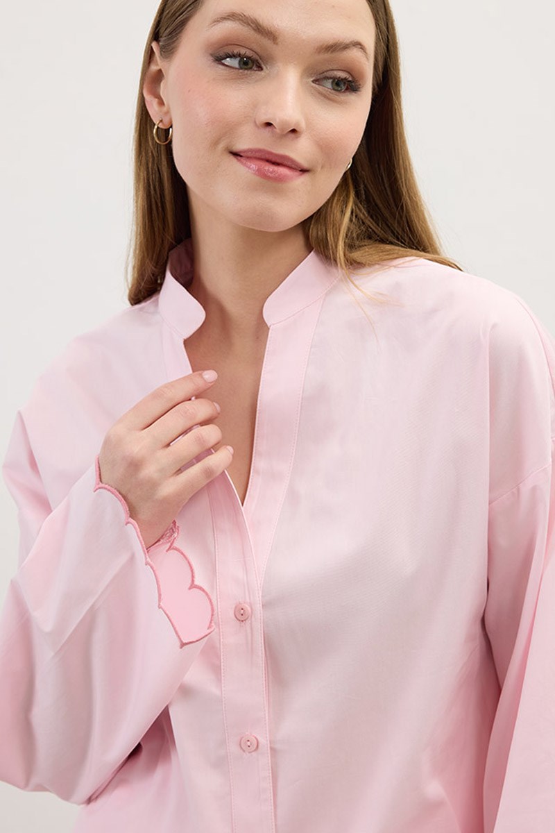 Nakışlı Pamuk Pijama Gömlek Pudra