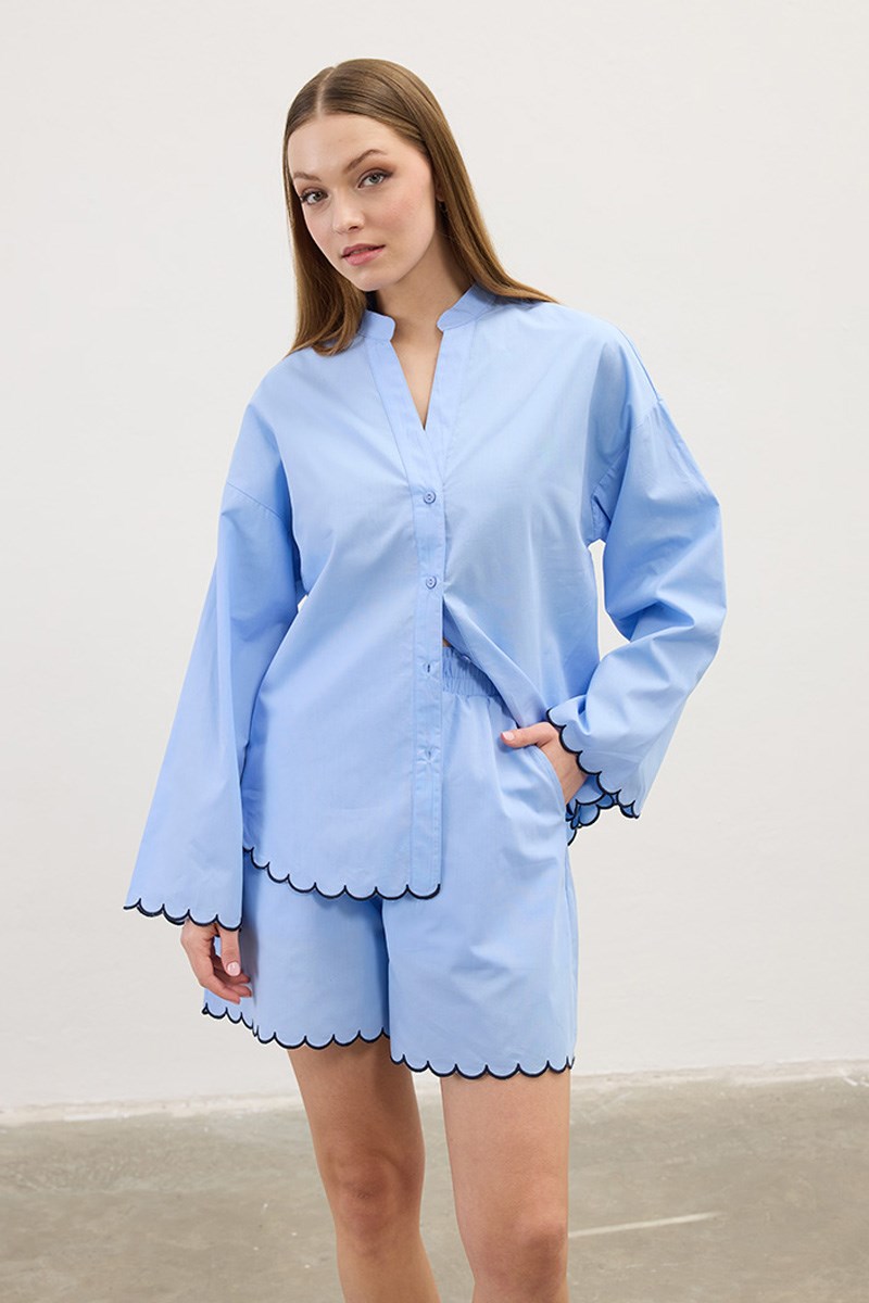 Nakışlı Pamuk Pijama Şort Bebek Mavisi