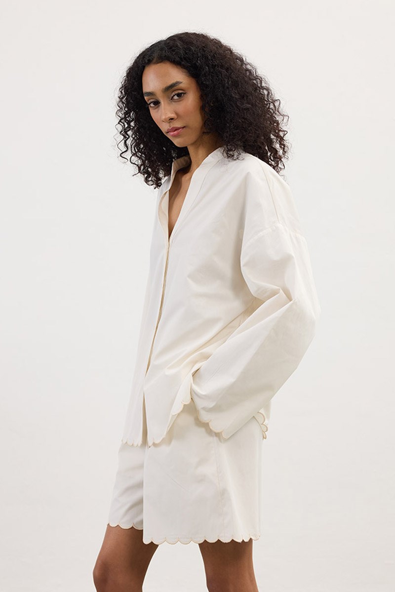 Nakışlı Pamuk Pijama Şort Krem