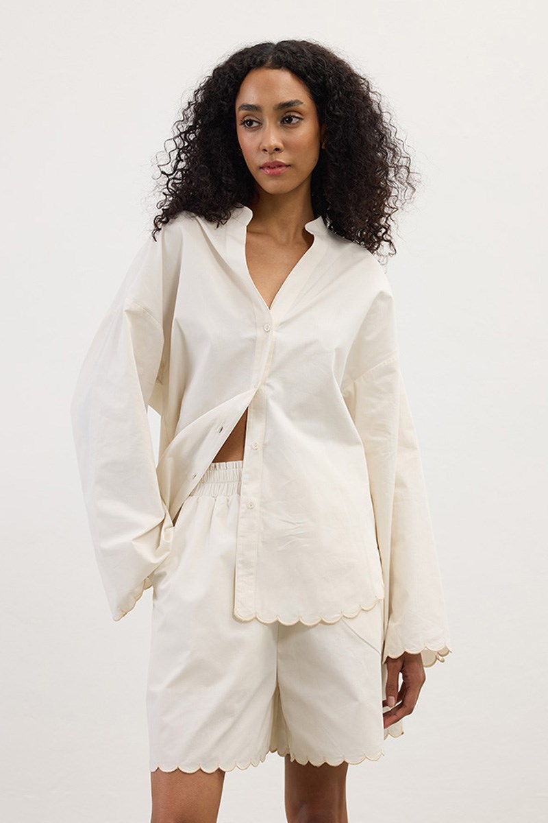 Nakışlı Pamuk Pijama Şort Krem