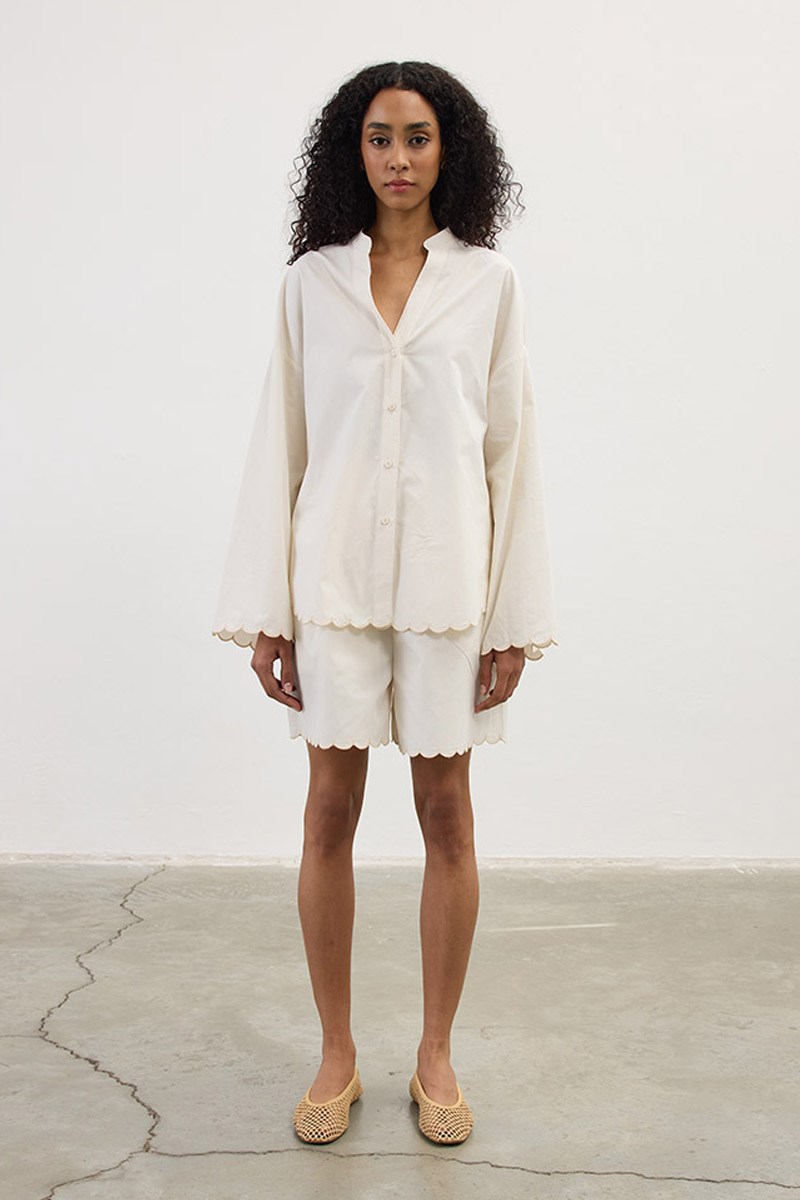 Nakışlı Pamuk Pijama Şort Krem