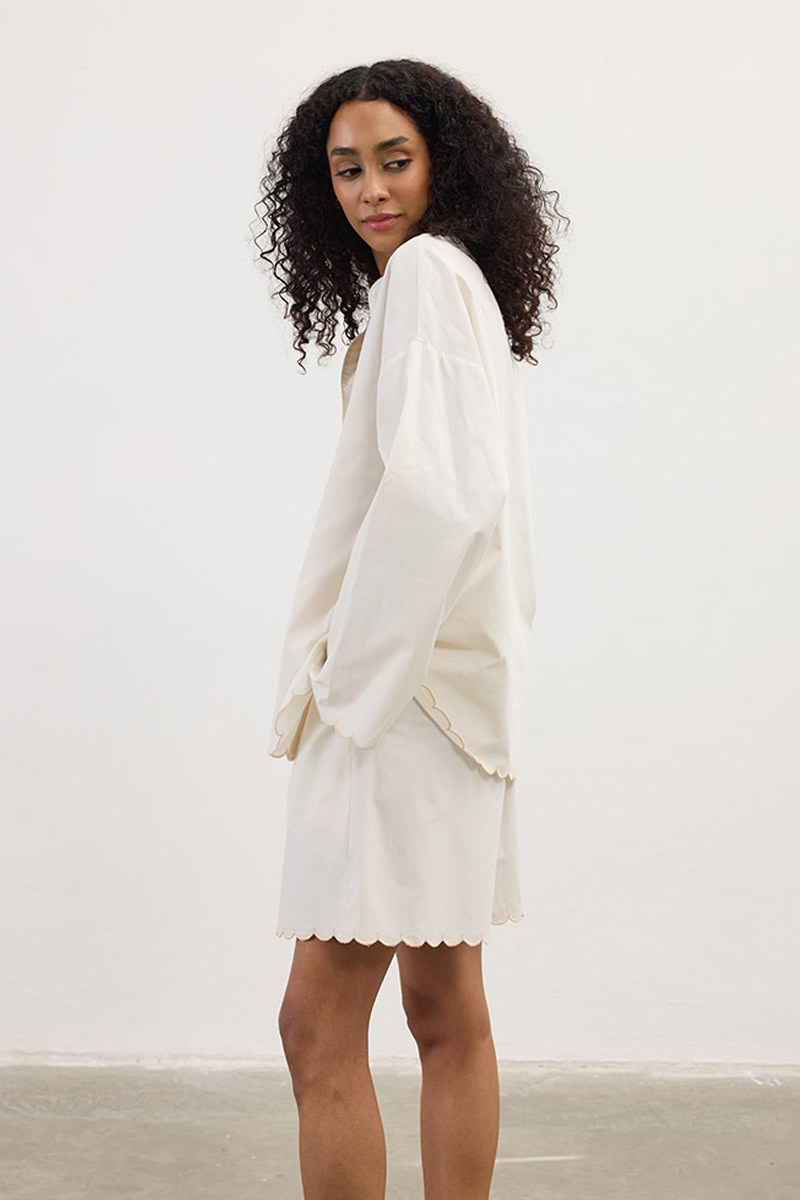 Nakışlı Pamuk Pijama Şort Krem