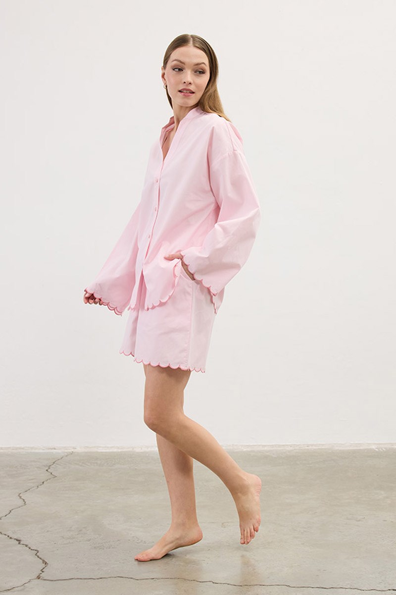 Nakışlı Pamuk Pijama Şort Pudra