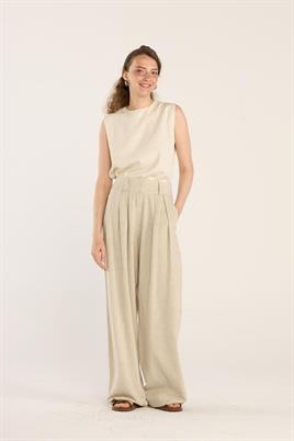 Naturel Dokulu Keten Pantolon Naturel