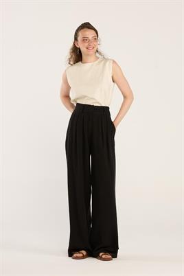 Naturel Dokulu Keten Pantolon Siyah