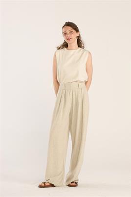 Naturel Dokulu Keten Pantolon Naturel