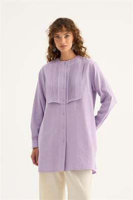 Nervür Yaka Keten Gömlek Lila