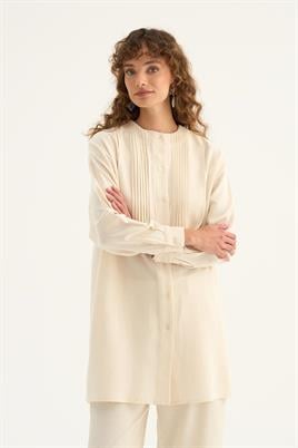Nervür Yaka Keten Gömlek Ekru