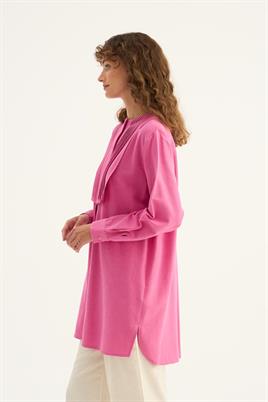 Nervür Yaka Keten Gömlek Pembe