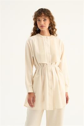 Nervür Yaka Keten Gömlek Ekru