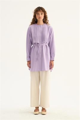 Nervür Yaka Keten Gömlek Lila