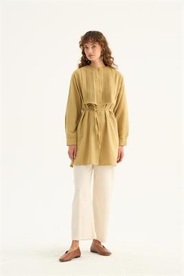 Nervür Yaka Keten Gömlek Yağ Yeşili