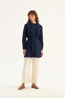 Nervür Yaka Keten Gömlek Lacivert