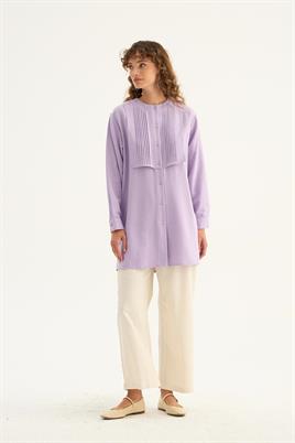 Nervür Yaka Keten Gömlek Lila