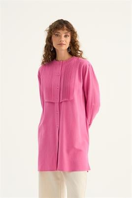 Nervür Yaka Keten Gömlek Pembe
