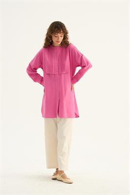 Nervür Yaka Keten Gömlek Pembe