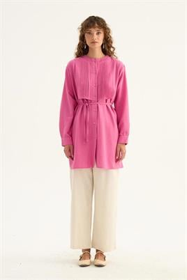 Nervür Yaka Keten Gömlek Pembe