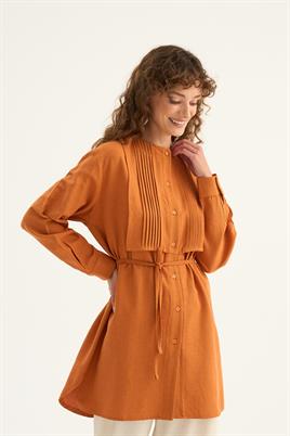 Nervür Yaka Keten Gömlek Turuncu