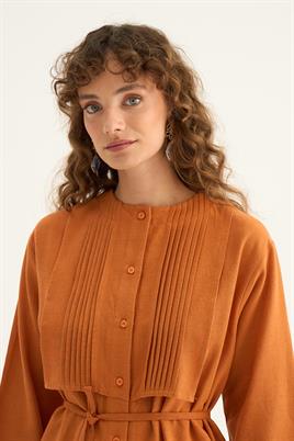 Nervür Yaka Keten Gömlek Turuncu