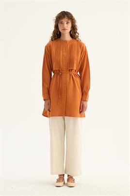 Nervür Yaka Keten Gömlek Turuncu