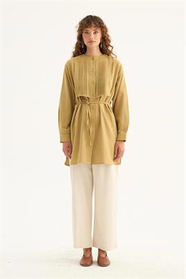 Nervür Yaka Keten Gömlek Yağ Yeşili