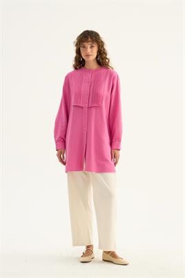 Nervür Yaka Keten Gömlek Pembe