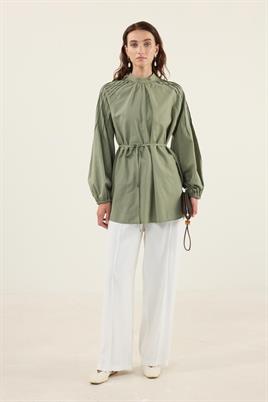 Omzu Nervürlü Pamuk Tunik Açık Haki