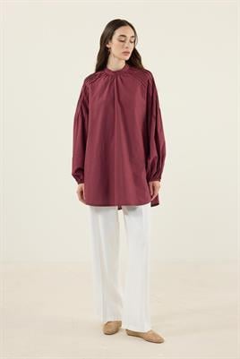 Omzu Nervürlü Pamuk Tunik Bordo