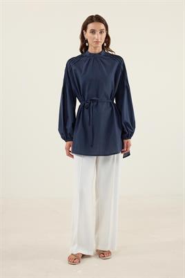 Omzu Nervürlü Pamuk Tunik Lacivert