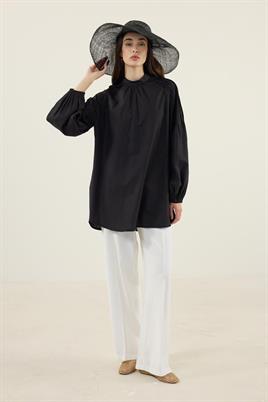 Omzu Nervürlü Pamuk Tunik Siyah