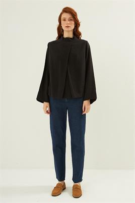 Ön pileli bluz Siyah