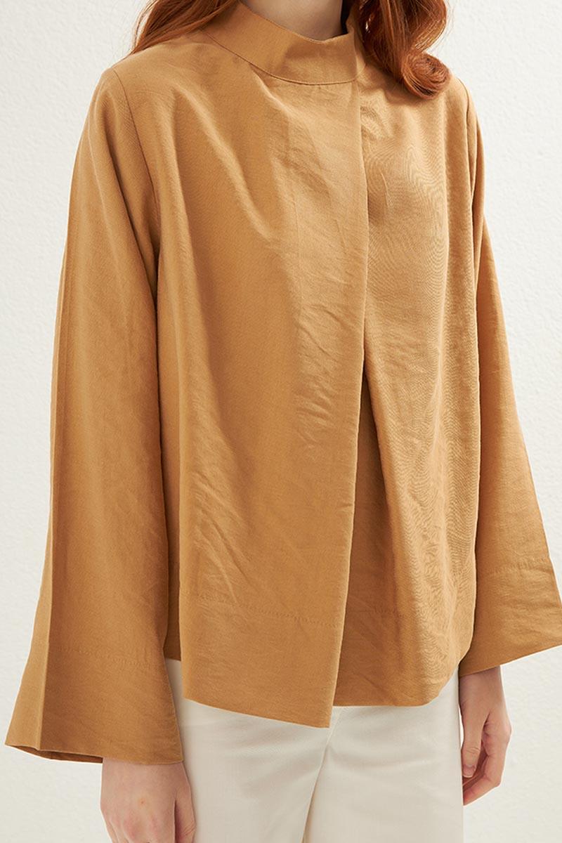 Ön Pileli Bluz Camel