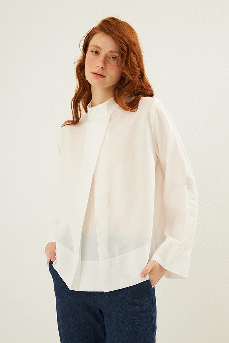 Ön Pileli Bluz Ekru