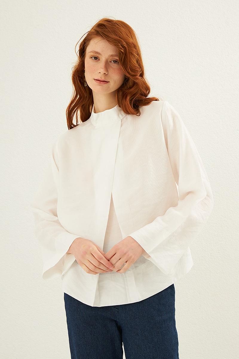 Ön Pileli Bluz Ekru