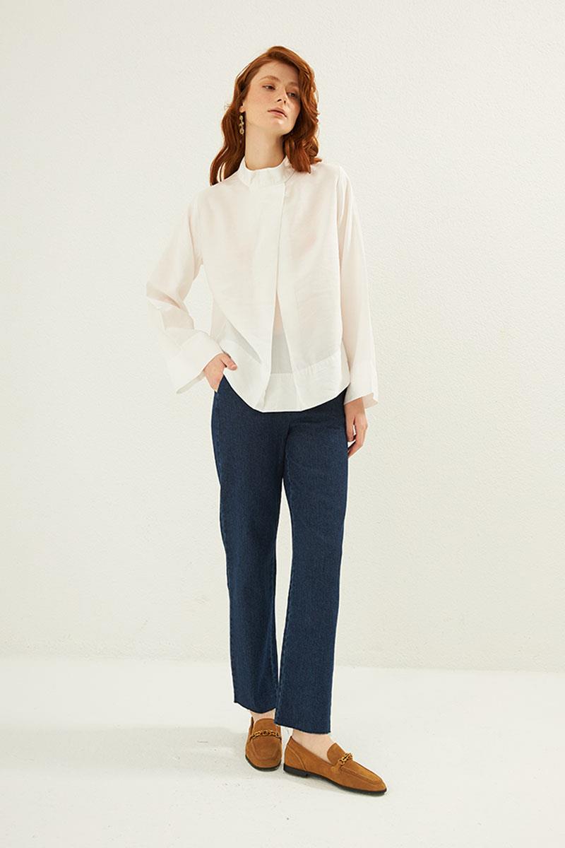 Ön Pileli Bluz Ekru