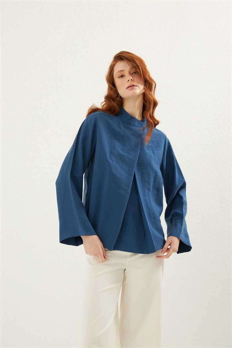 Ön Pileli Bluz İndigo