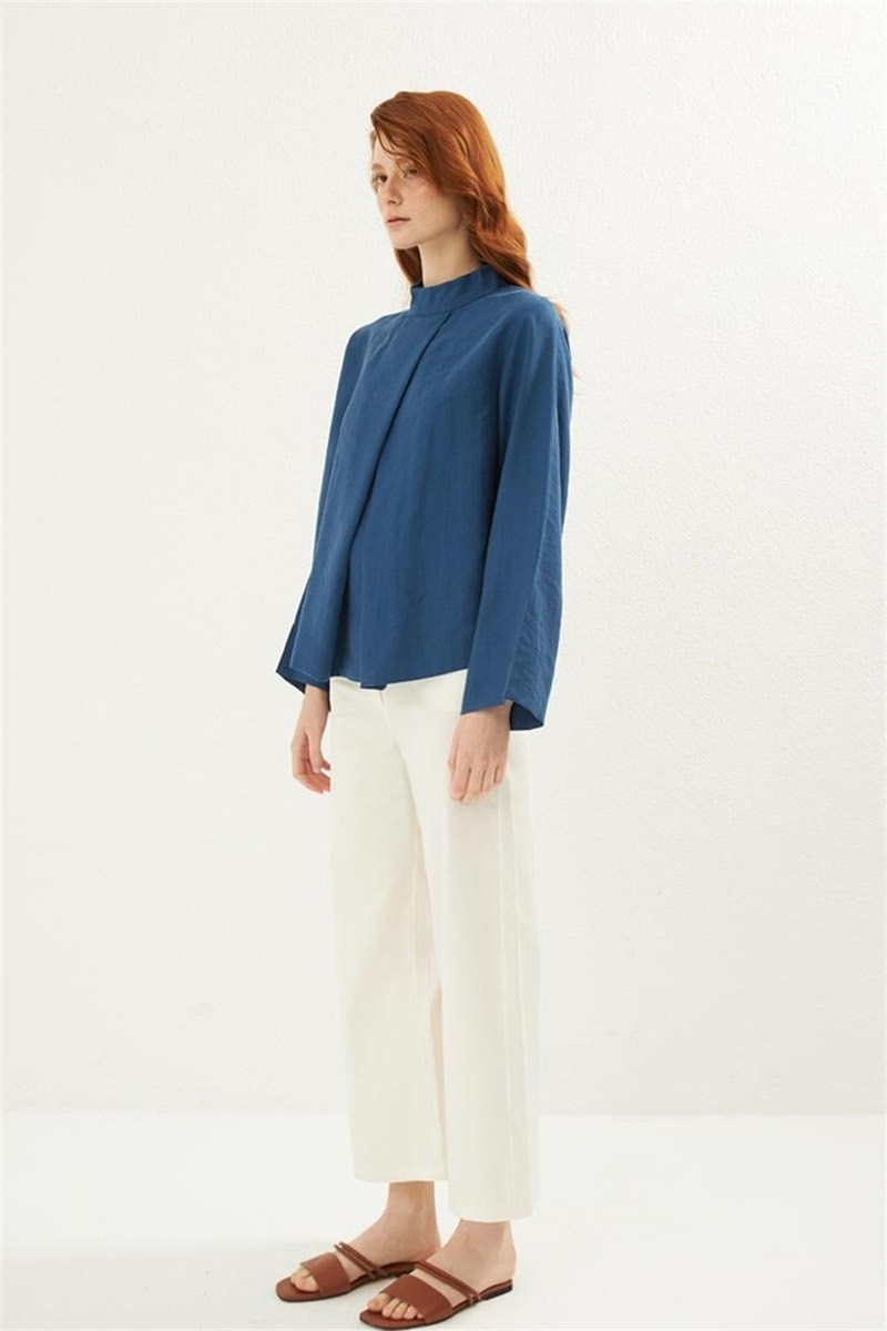 Ön Pileli Bluz İndigo