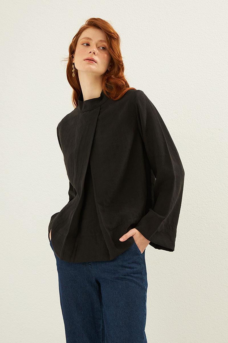 Ön Pileli Bluz Siyah