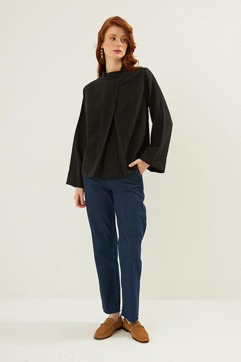 Ön Pileli Bluz Siyah