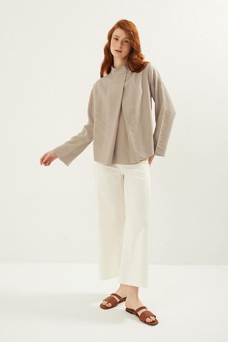 Ön Pileli Bluz Taş