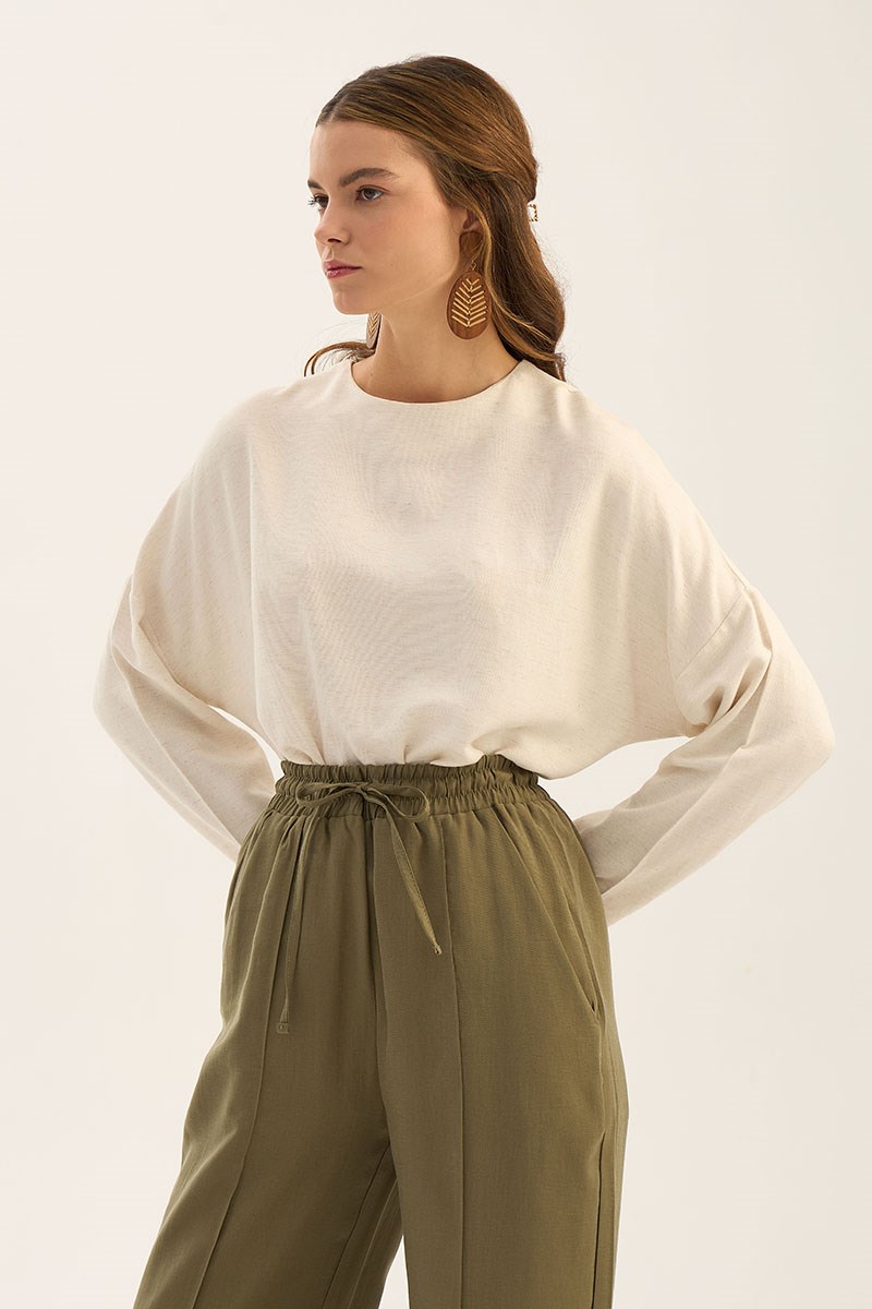 Önü Dikişli Tensel Pantolon Haki