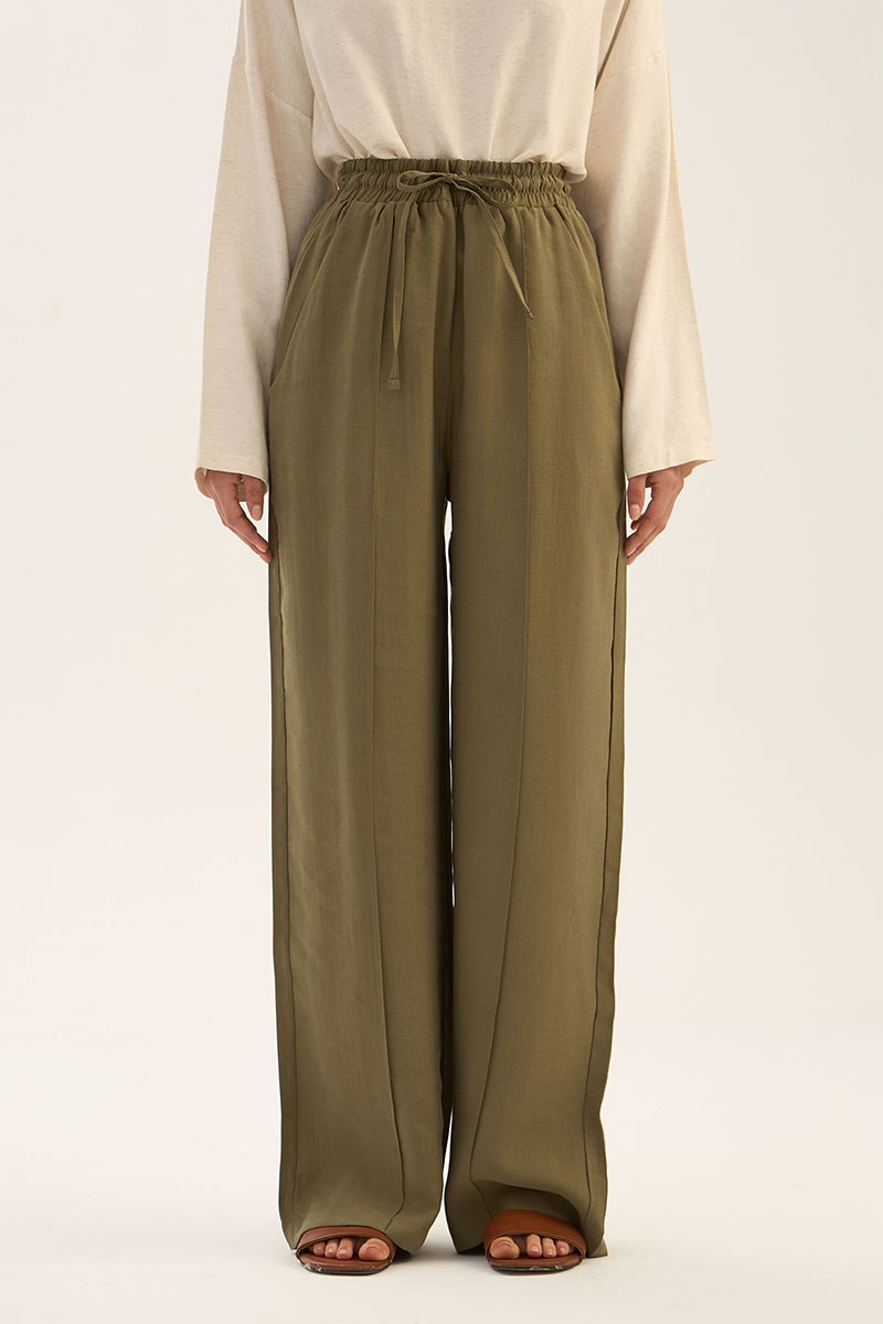 Önü Dikişli Tensel Pantolon Haki