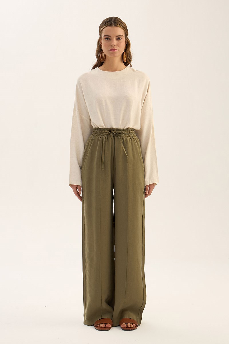 Önü Dikişli Tensel Pantolon Haki