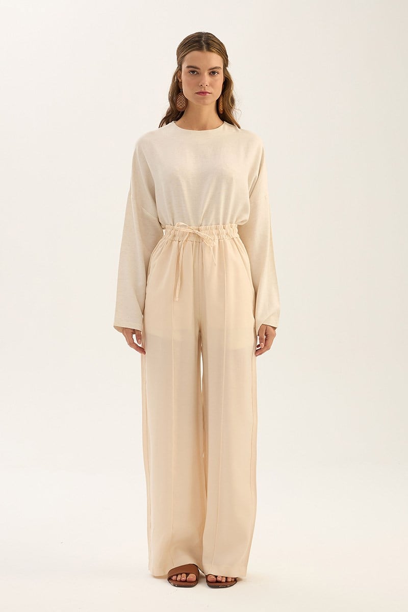 Önü Dikişli Tensel Pantolon Krem