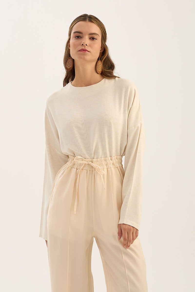 Önü Dikişli Tensel Pantolon Krem