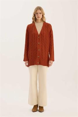 Örgü Motifli Hırka Kiremit