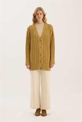 Örgü Motifli Hırka Zeytin Yeşili