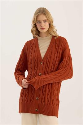 Örgü Motifli Hırka Kiremit